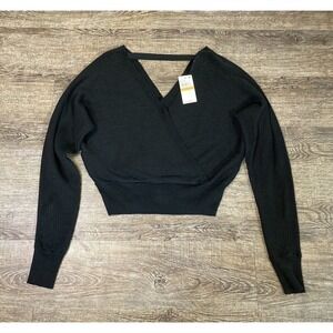 NWT Planet Gold Black Beauty Open V Neck Ribbed Blouse Top Size Small